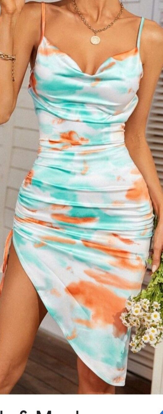 Womens XS Blue Orange Tie Dye Dress Sleeveless Mini Gathered Side Beachy Vibes